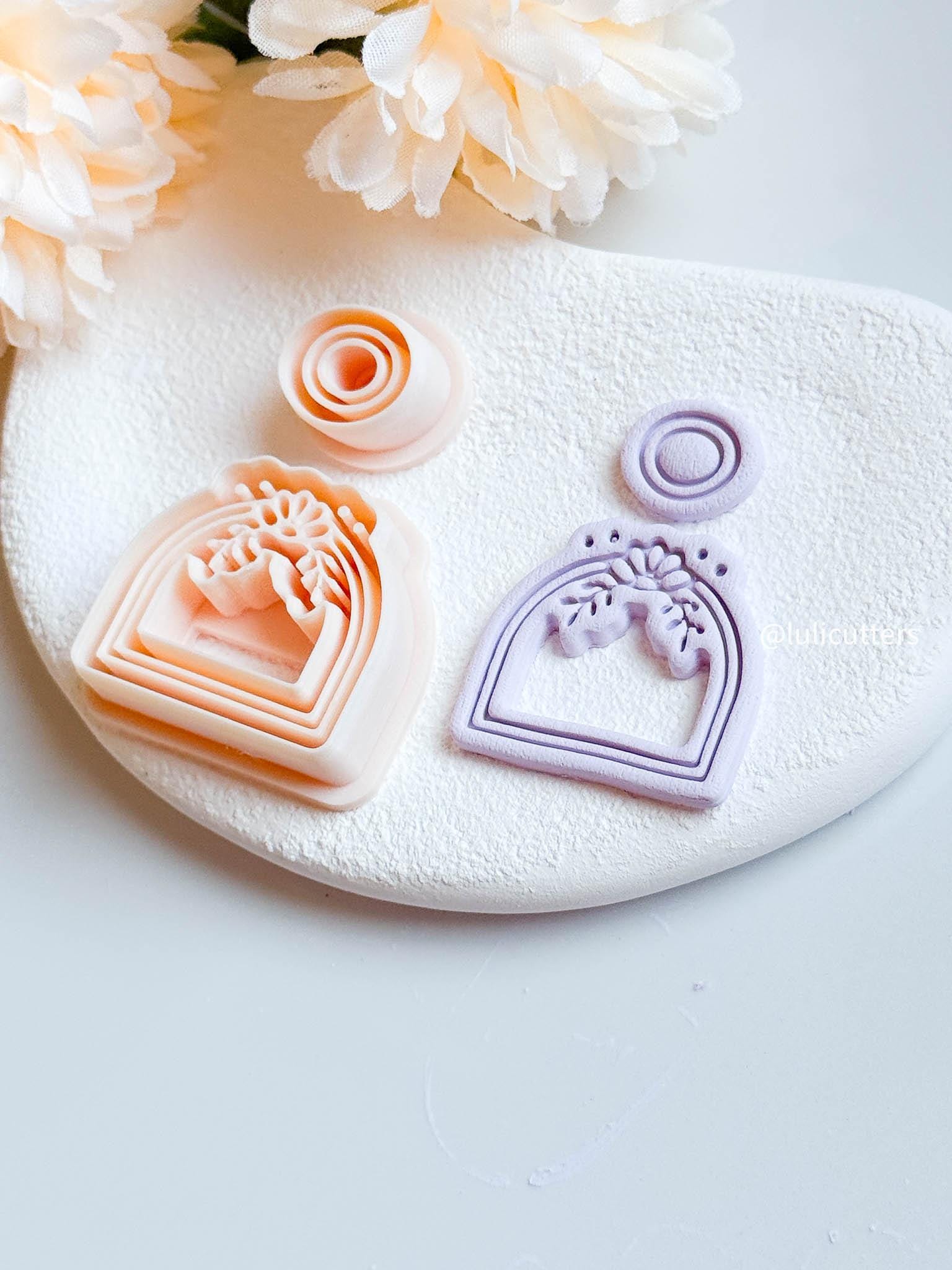 Boho Arch Clay Earring Cutter Set Floral Deboss Detail with Matching Circle Topper