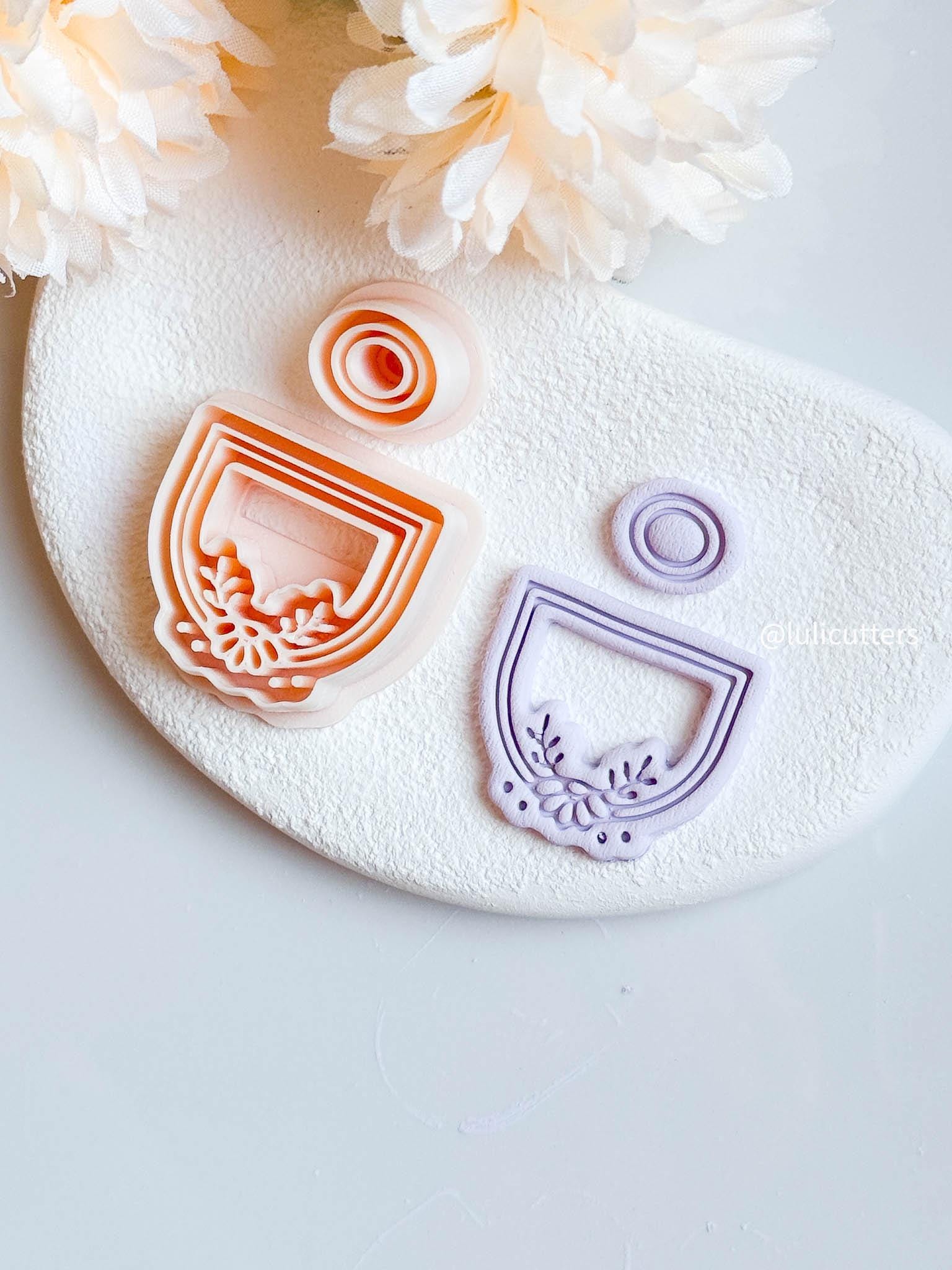 Boho Arch Clay Earring Cutter Set Floral Deboss Detail with Matching Circle Topper