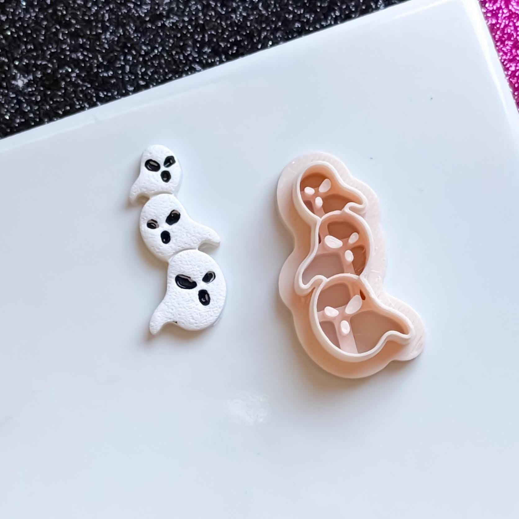Triple Ghost Clay Cutter: Halloween Earring Charms, Crisp Face Imprints (25-45 mm