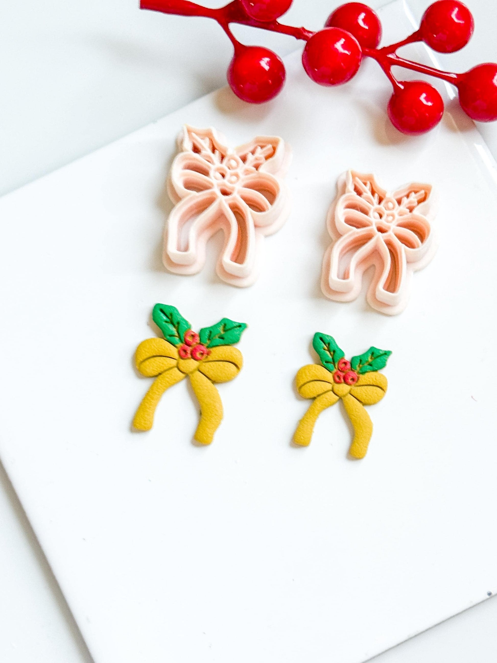 Christmas Bow with Holly Clay Cutter – Holiday Ribbon Polymer Clay Earring & Charm Tool