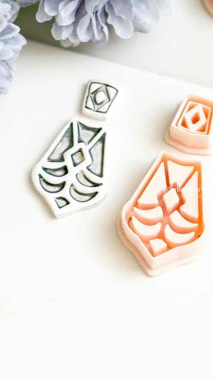 Geometric Fan Clay Earring Cutter Set Includes Diamond Topper + Deco-Inspired Base with Debossed Design
