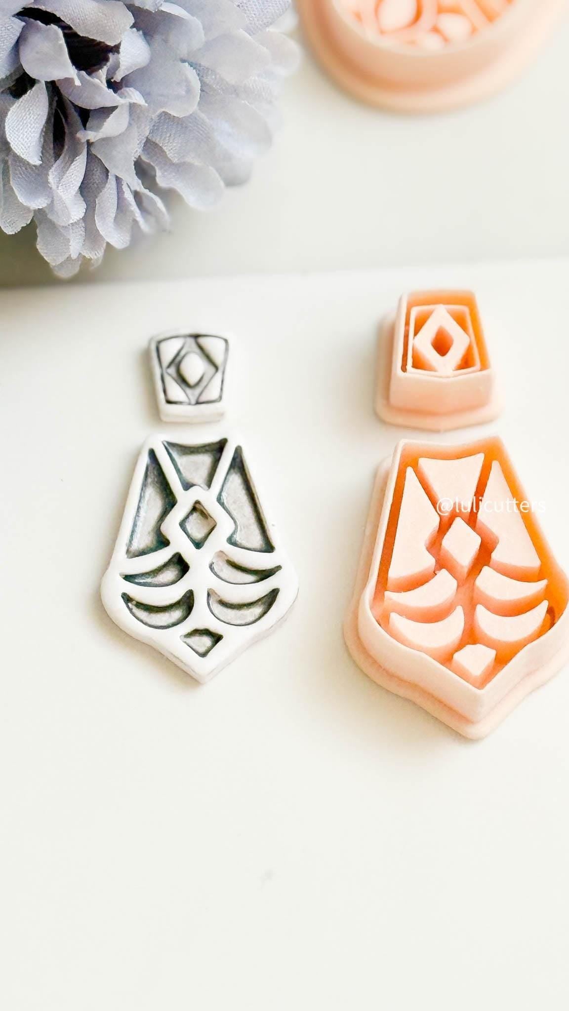 Geometric Fan Clay Earring Cutter Set Includes Diamond Topper + Deco-Inspired Base with Debossed Design