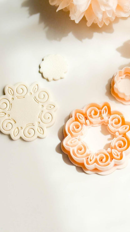 Swirl Floral Clay Cutter Set Faux Ceramic Style with Topper + Imprint Base