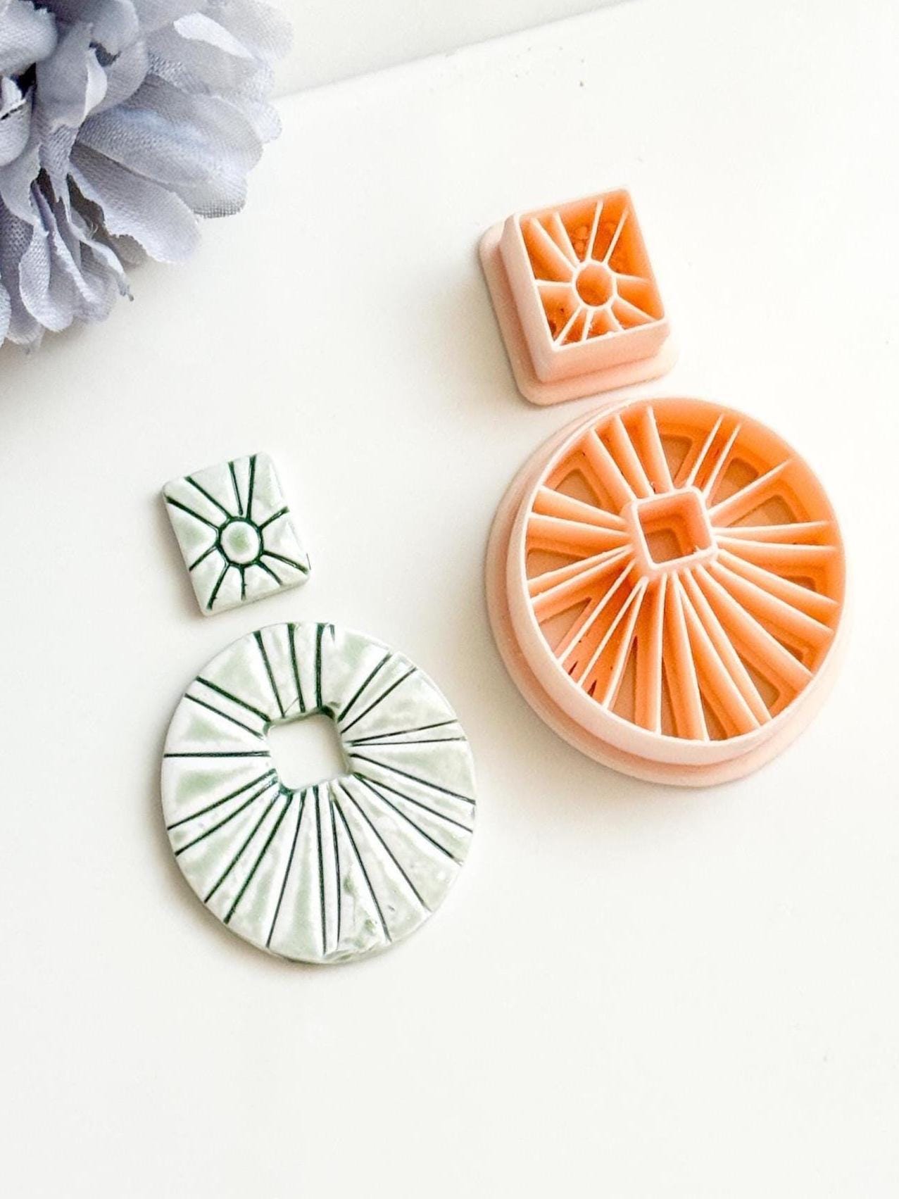 Sunburst Circle Clay Earring Cutter Set Includes Square Topper + Radiating Debossed Round Base