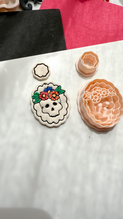 Floral Skull Cutter Set Day of the Dead Polymer Clay Mold Sugar Skull Jewelry Tool 40 mm Base + 16 mm Topper