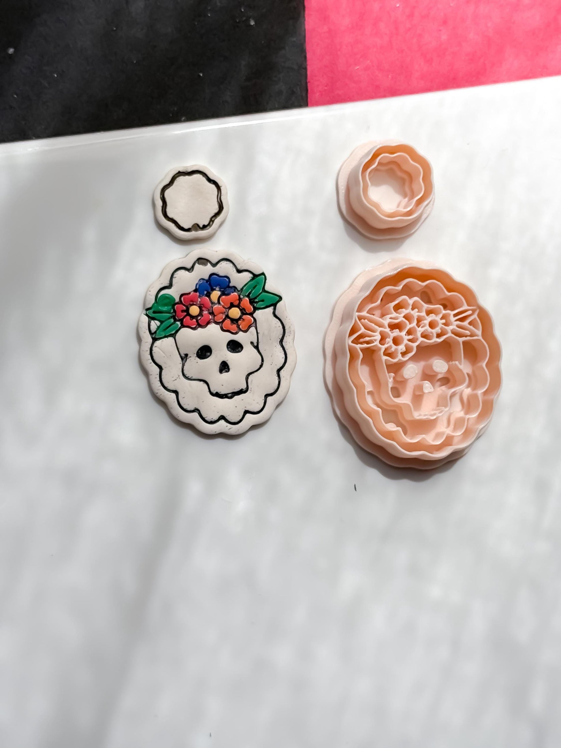 Floral Skull Cutter Set Day of the Dead Polymer Clay Mold Sugar Skull Jewelry Tool 40 mm Base + 16 mm Topper