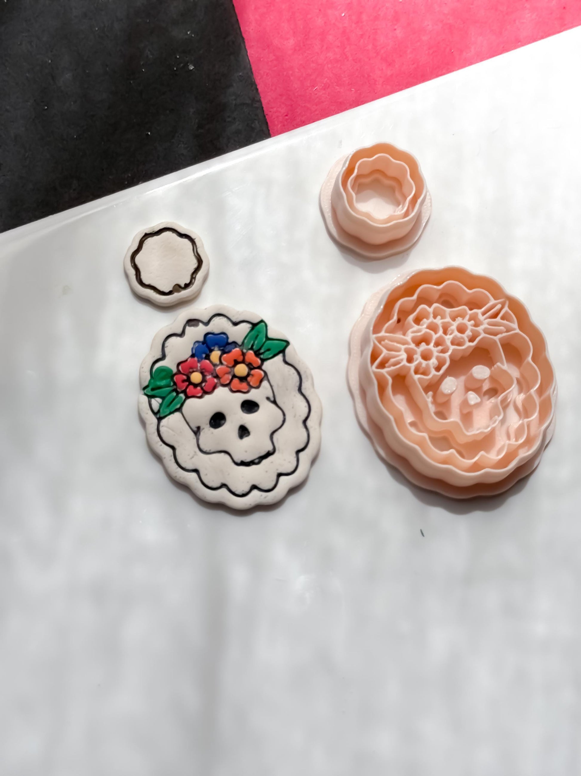 Floral Skull Cutter Set Day of the Dead Polymer Clay Mold Sugar Skull Jewelry Tool 40 mm Base + 16 mm Topper