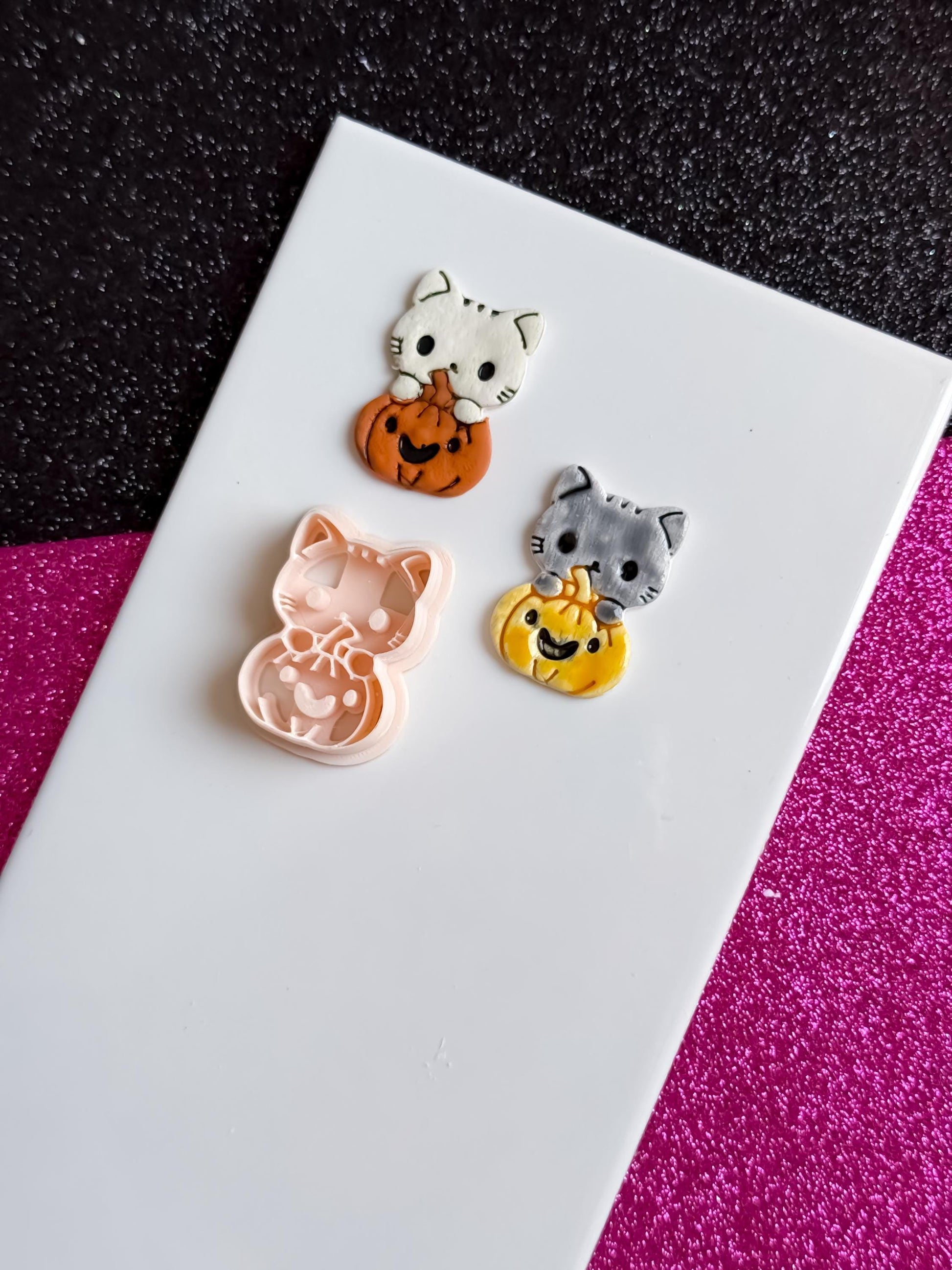 Cat and Pumpkin Cutter: Polymer Clay Earring Mold for Halloween Jewelry