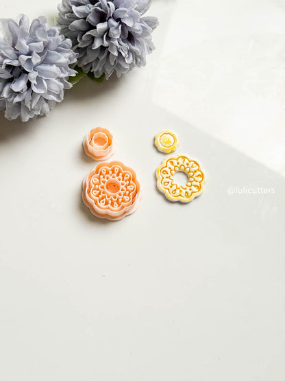 Faux Ceramic Flower Clay Cutter Set Lacey Debossed Design with Open Center
