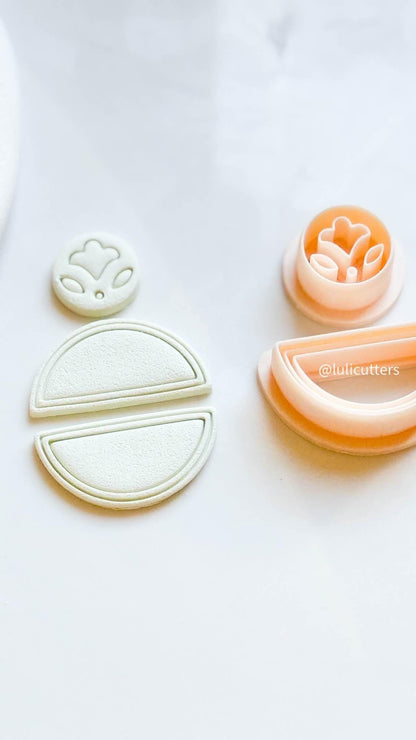 Folk Floral Clay Cutter Set Includes Imprint Circle Topper + 2 different Half Circle Base