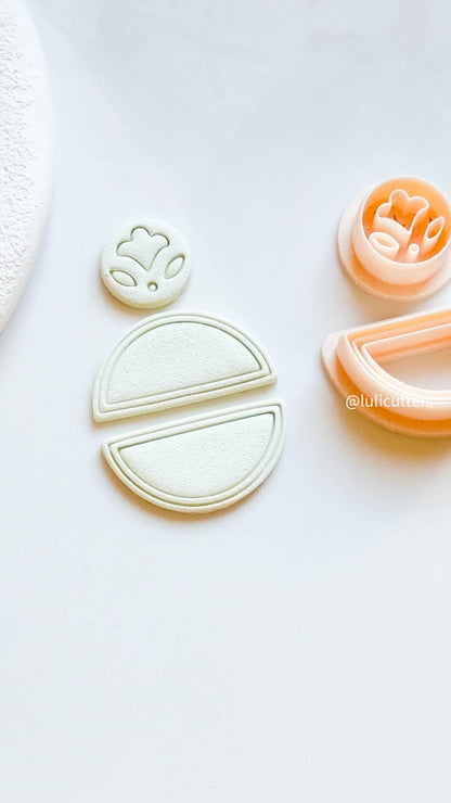 Folk Floral Clay Cutter Set Includes Imprint Circle Topper + 2 different Half Circle Base