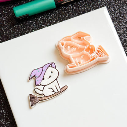 Witch Cat Polymer Clay Cutter: Kawaii Halloween Earrings, 33mm