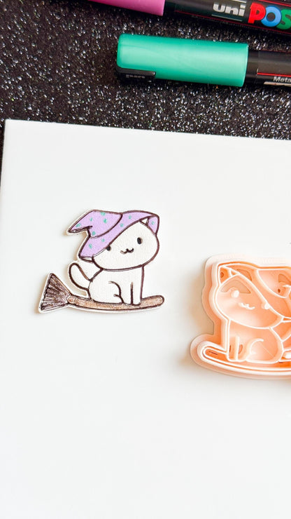 Witch Cat Polymer Clay Cutter: Kawaii Halloween Earrings, 33mm
