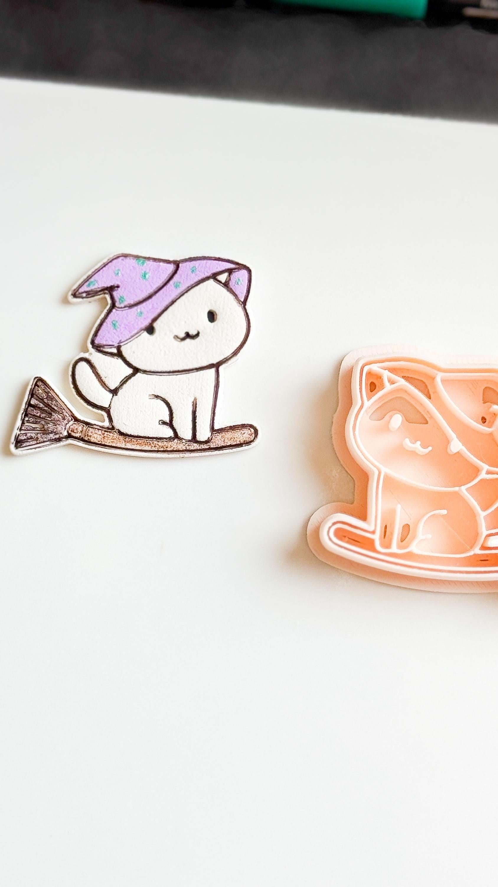 Witch Cat Polymer Clay Cutter: Kawaii Halloween Earrings, 33mm