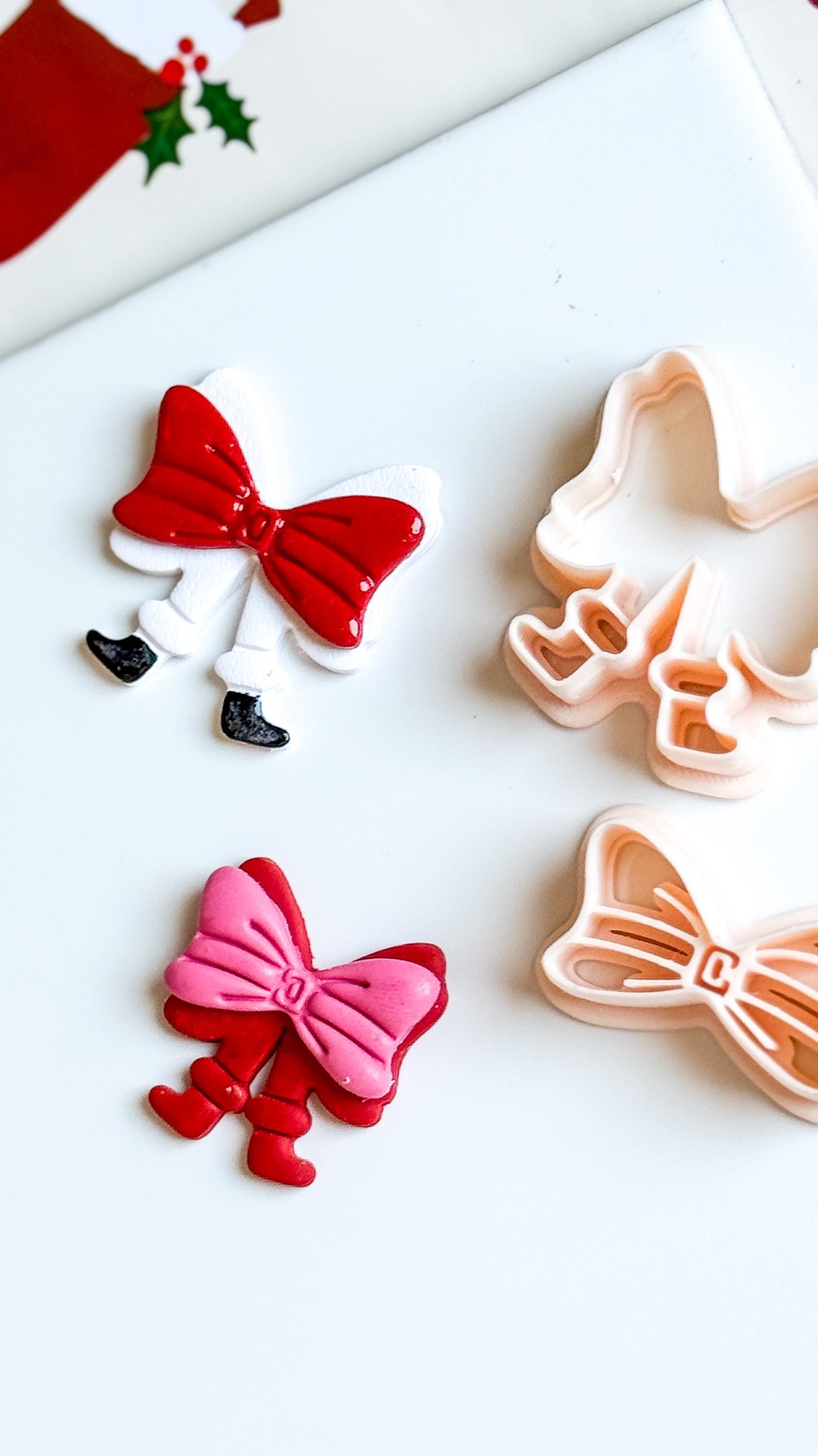 Polymer Clay Santa Bow Cutter Set Layered Bow with Boots & Imprint Details