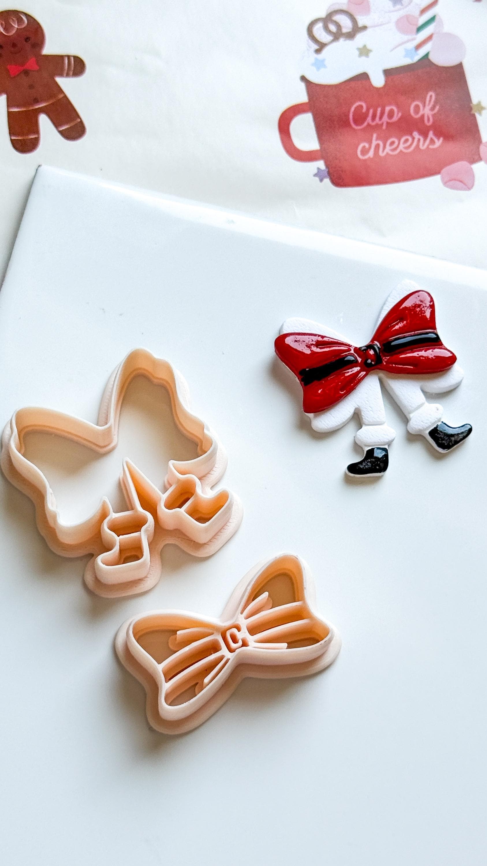 Polymer Clay Santa Bow Cutter Set Layered Bow with Boots & Imprint Details