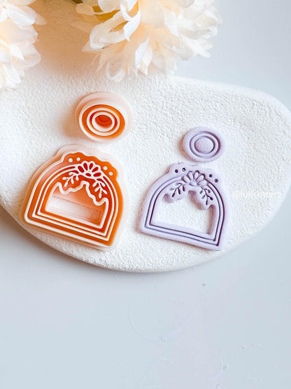 Boho Arch Clay Earring Cutter Set Floral Deboss Detail with Matching Circle Topper
