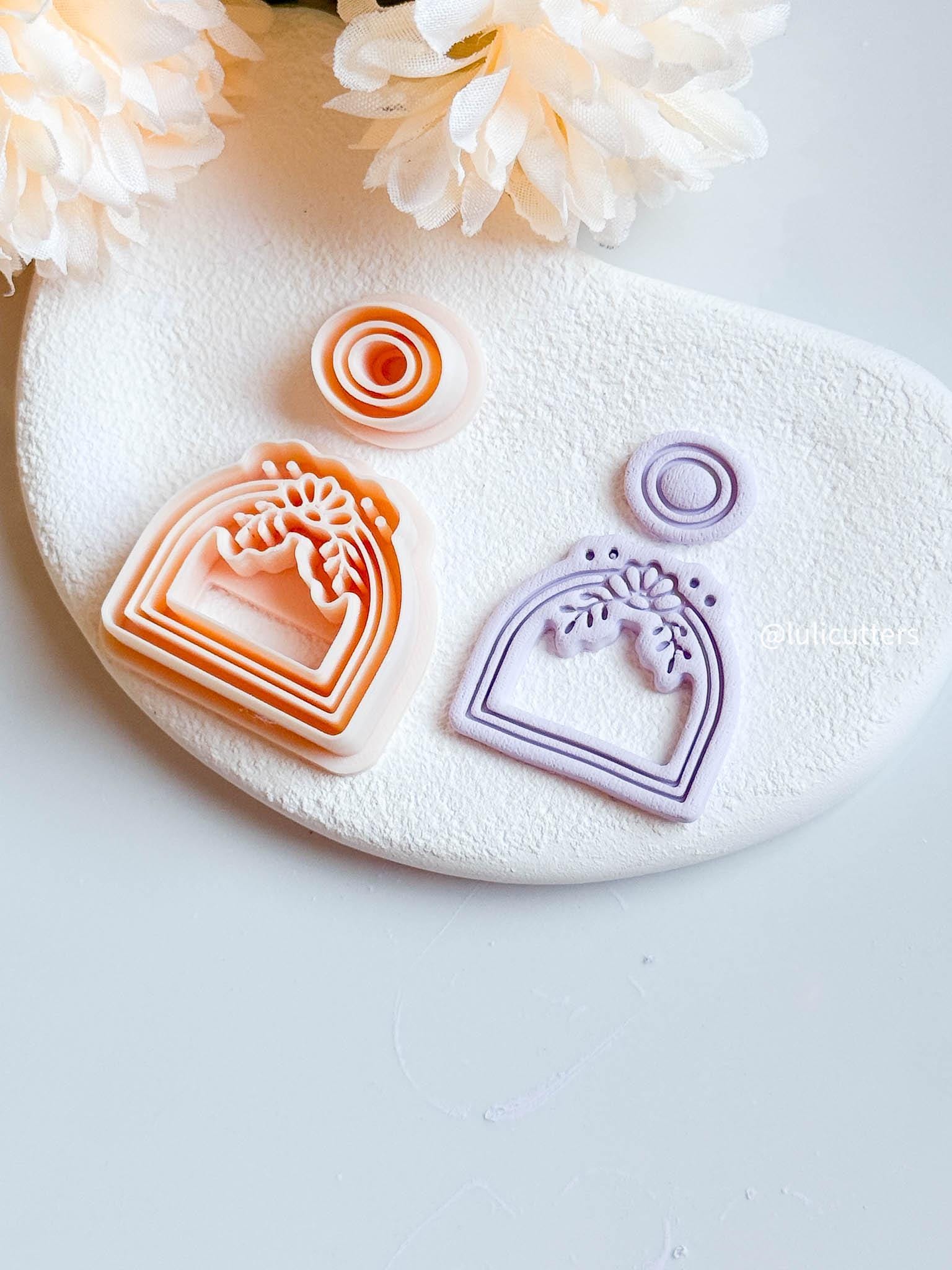 Boho Arch Clay Earring Cutter Set Floral Deboss Detail with Matching Circle Topper