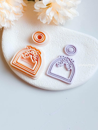 Boho Arch Clay Earring Cutter Set Floral Deboss Detail with Matching Circle Topper