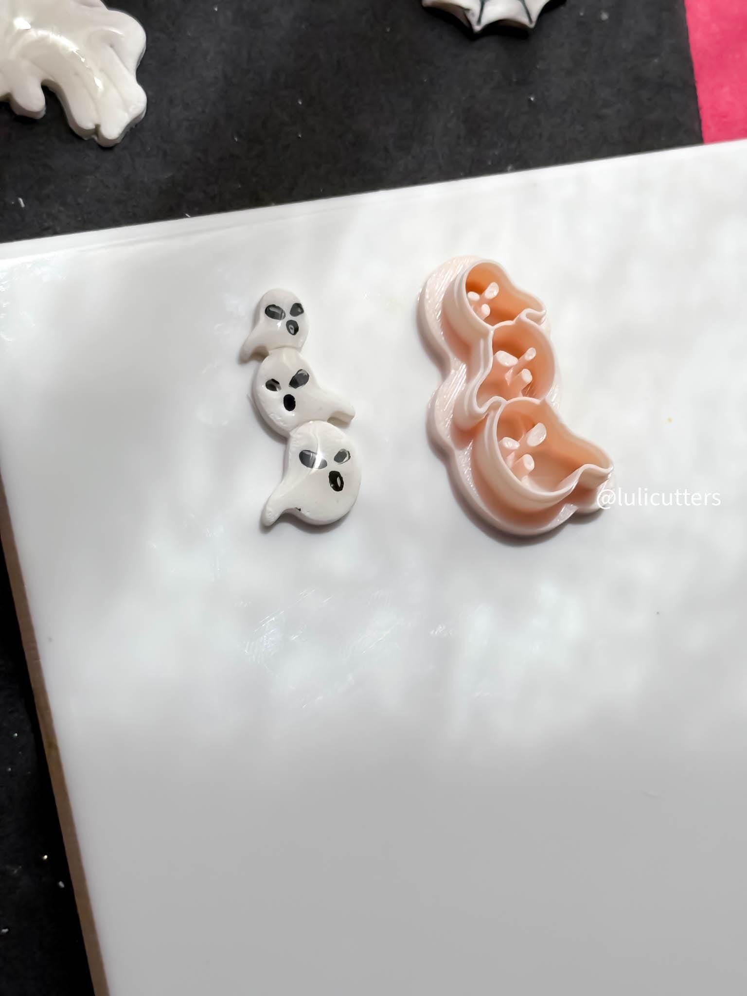 Triple Ghost Clay Cutter: Halloween Earring Charms, Crisp Face Imprints (25-45 mm
