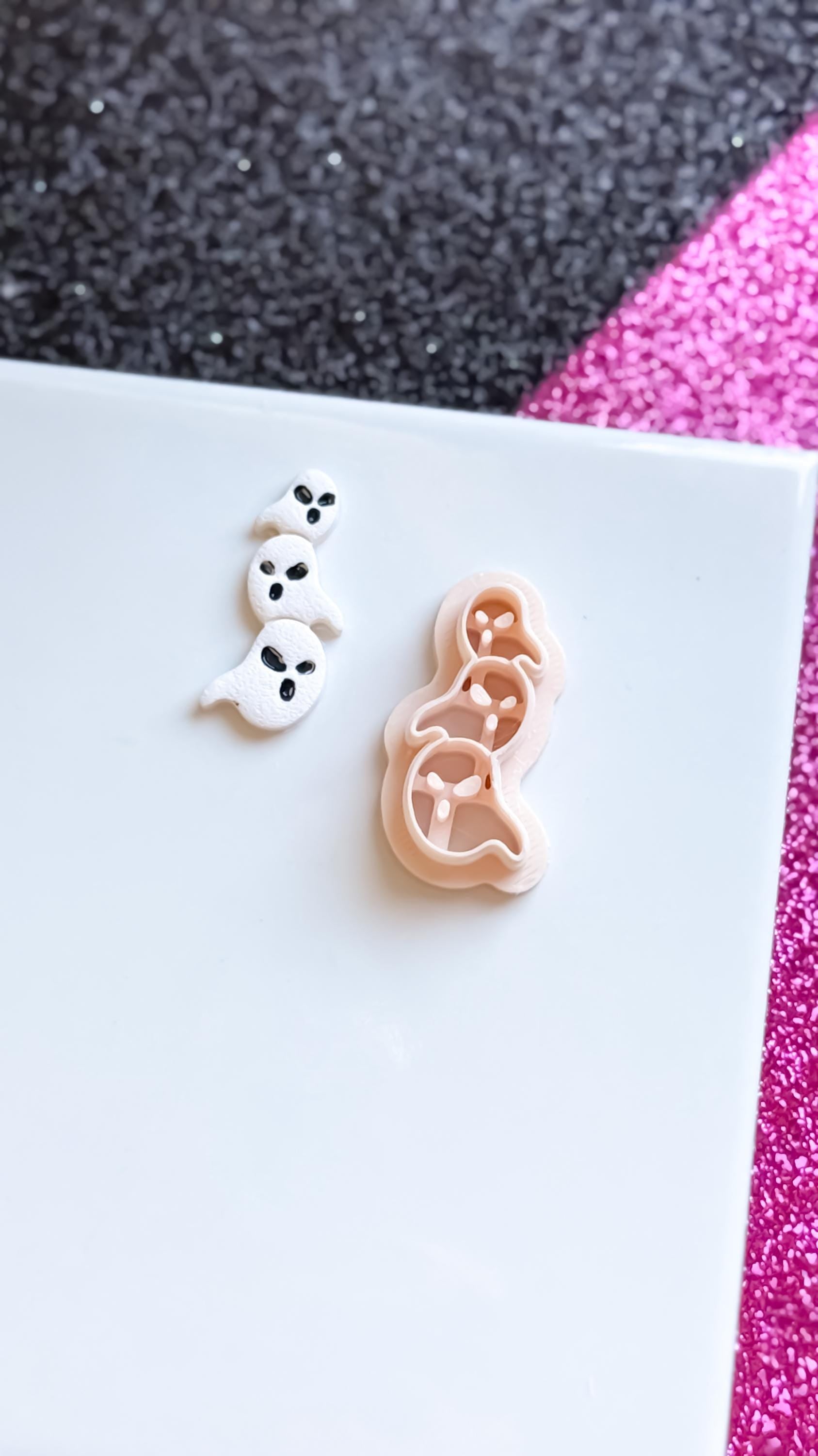 Triple Ghost Clay Cutter: Halloween Earring Charms, Crisp Face Imprints (25-45 mm