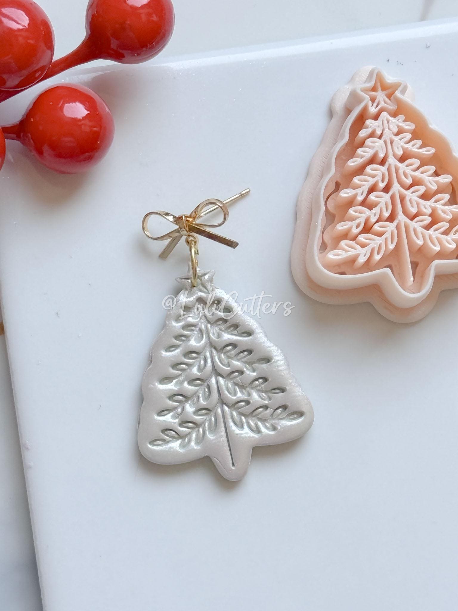 Winter Fairy Christmas Tree with Imprint Details Polymer Clay Cutter Holiday Earrings & Jewelry