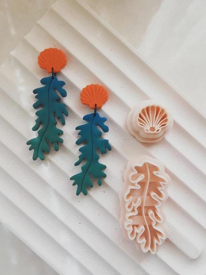 Seaweed & Shell Polymer Clay Cutter Set Ocean Dangle Earring Cutters with Imprint Details