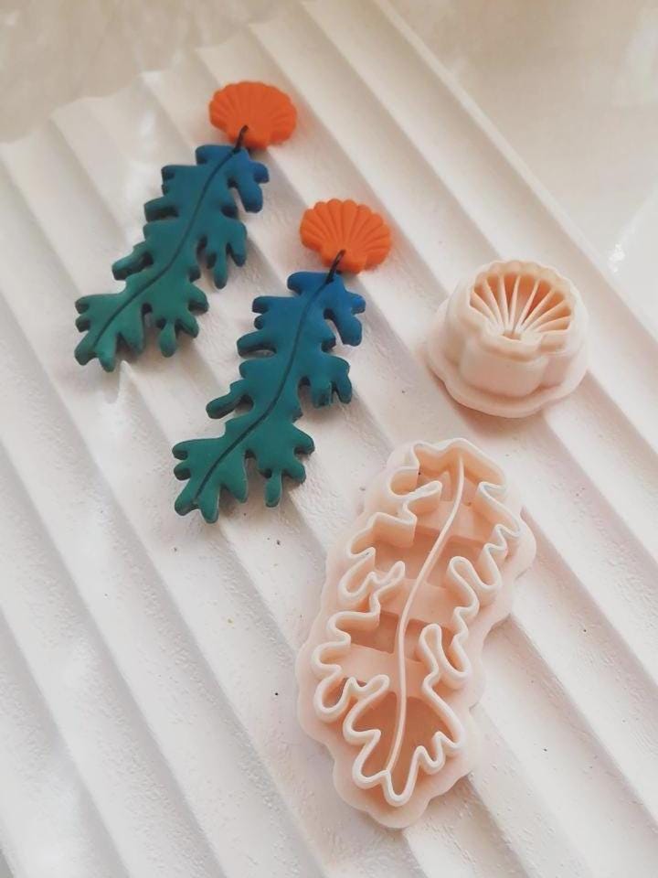 Seaweed & Shell Polymer Clay Cutter Set Ocean Dangle Earring Cutters with Imprint Details