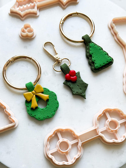 Christmas Keychain Clay Cutter – Wreath, Tree & Mistletoe Polymer Clay Tools for Holiday Crafts