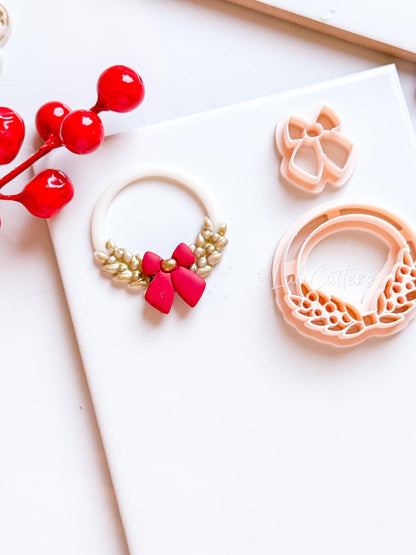 Christmas Wreath Clay Cutter Set – Polymer Clay Tools with Bow and Holly Leaf Design