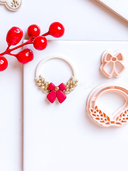 Christmas Wreath Clay Cutter Set – Polymer Clay Tools with Bow and Holly Leaf Design