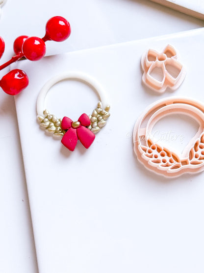 Christmas Wreath Clay Cutter Set – Polymer Clay Tools with Bow and Holly Leaf Design