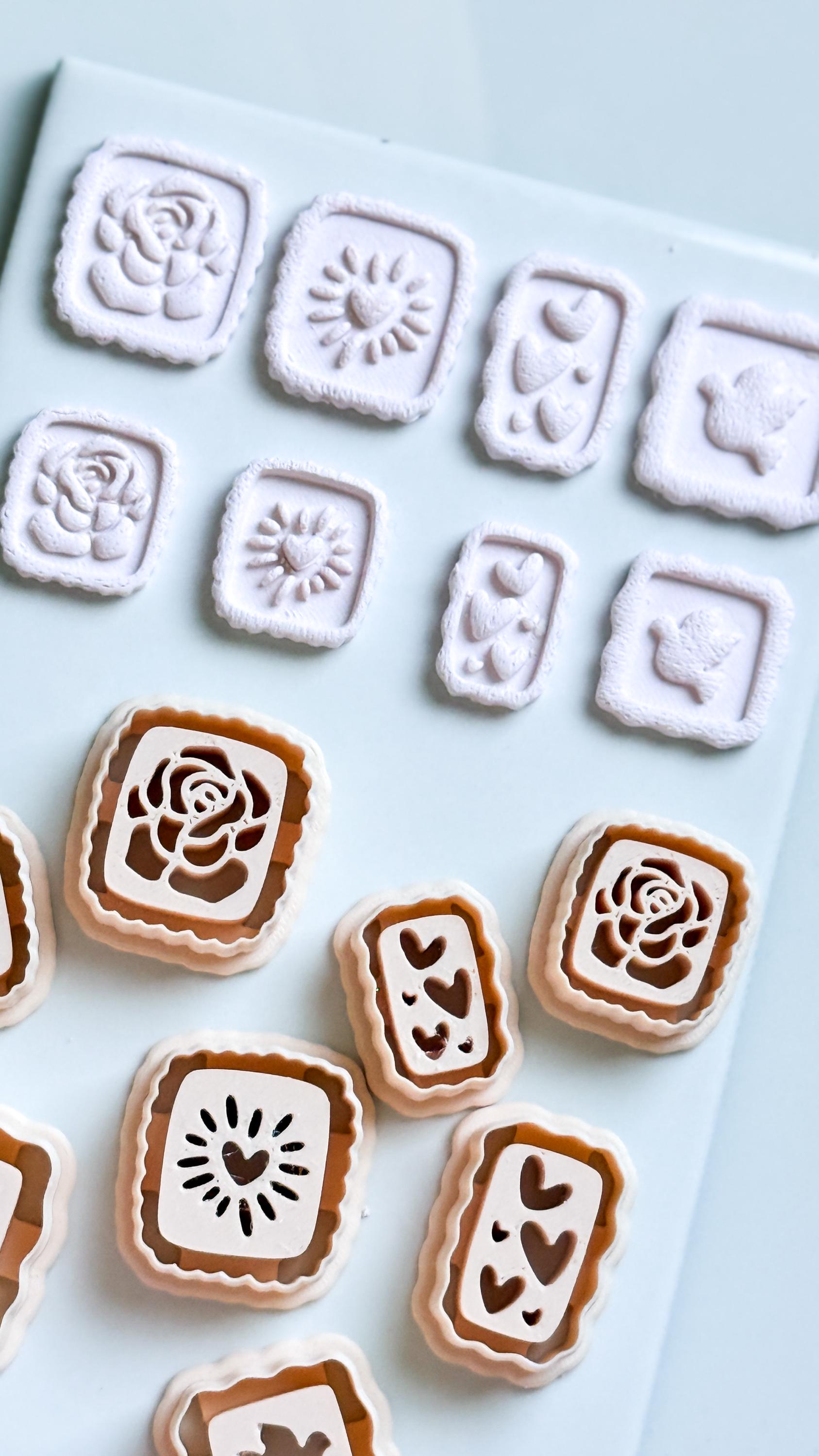 Rose, Heart & Bird Emboss Clay Cutters: Scalloped Rectangle Stamp Polymer Clay Tools