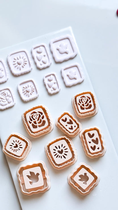 Rose, Heart & Bird Emboss Clay Cutters: Scalloped Rectangle Stamp Polymer Clay Tools