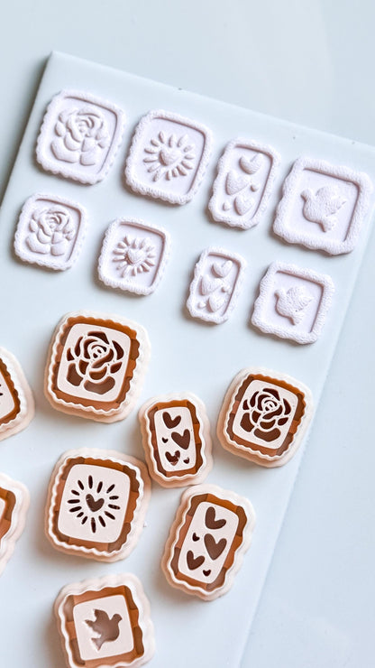 Rose, Heart & Bird Emboss Clay Cutters: Scalloped Rectangle Stamp Polymer Clay Tools