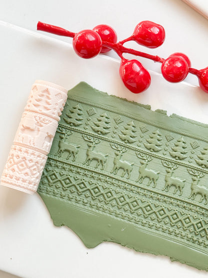 Christmas Sweater Embossing Roller – Reindeer and Tree Pattern Polymer Clay Tool