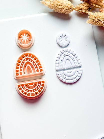 Boho Rainbow Clay Cutter Set: Sunburst and Teardrop Embossed Polymer Clay Tool