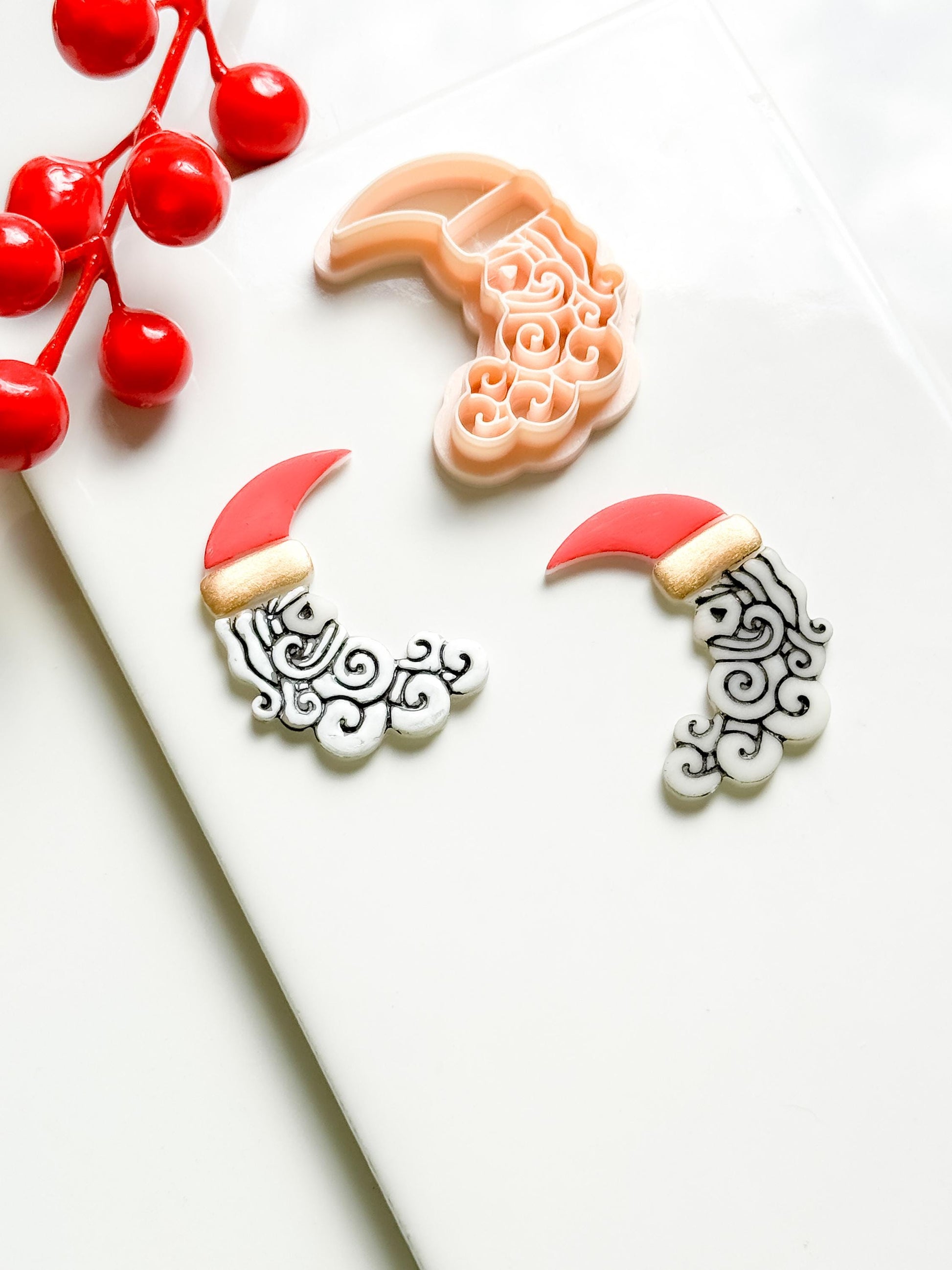 Santa Crescent Moon Clay Cutter – Christmas Polymer Clay Tool with Swirly Beard Design