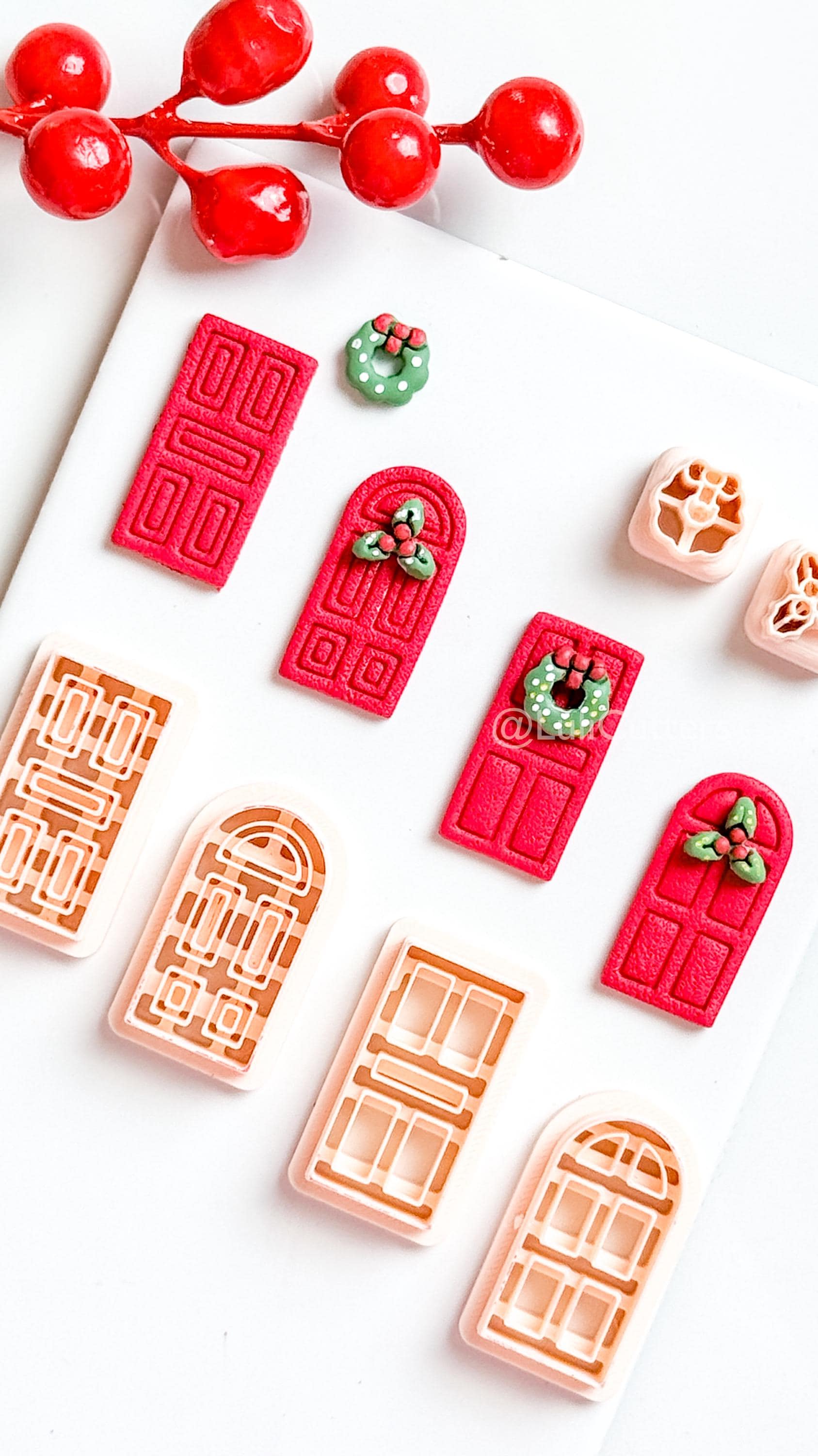 Christmas Door Clay Cutter Set – 4 Festive Door Shapes + Wreath & Holly Toppers