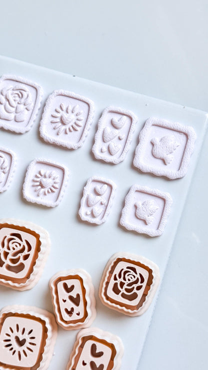 Rose, Heart & Bird Emboss Clay Cutters: Scalloped Rectangle Stamp Polymer Clay Tools