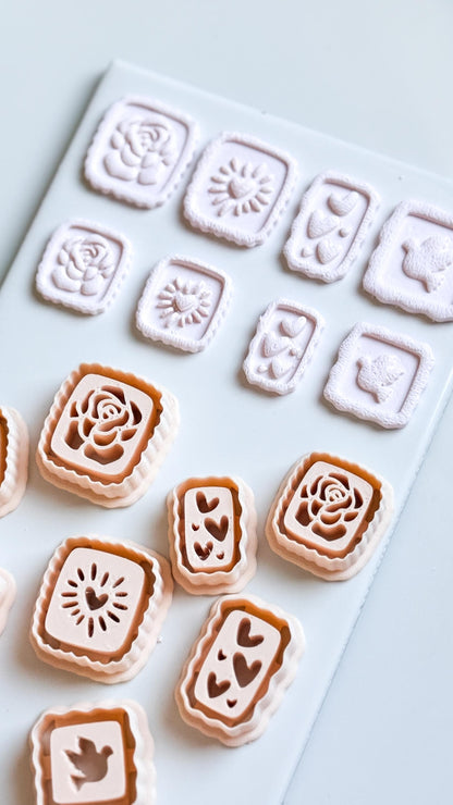 Rose, Heart & Bird Emboss Clay Cutters: Scalloped Rectangle Stamp Polymer Clay Tools