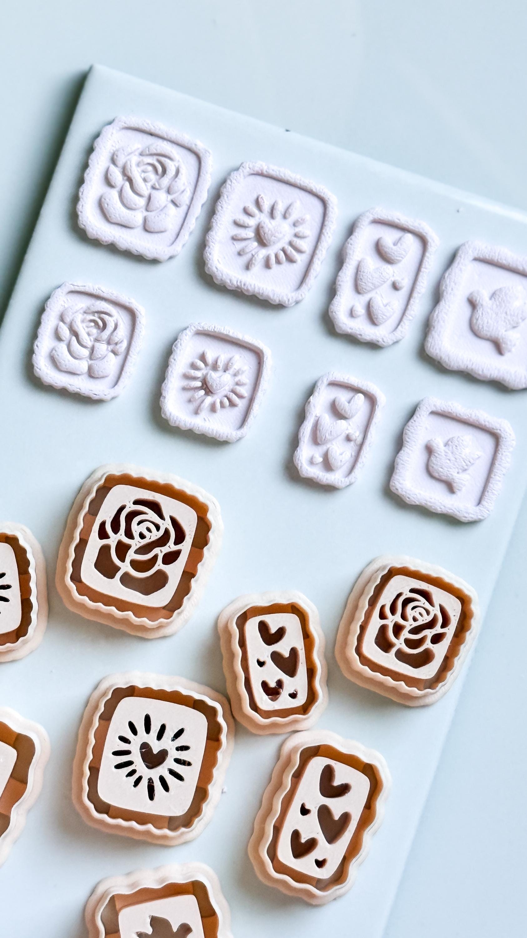 Rose, Heart & Bird Emboss Clay Cutters: Scalloped Rectangle Stamp Polymer Clay Tools