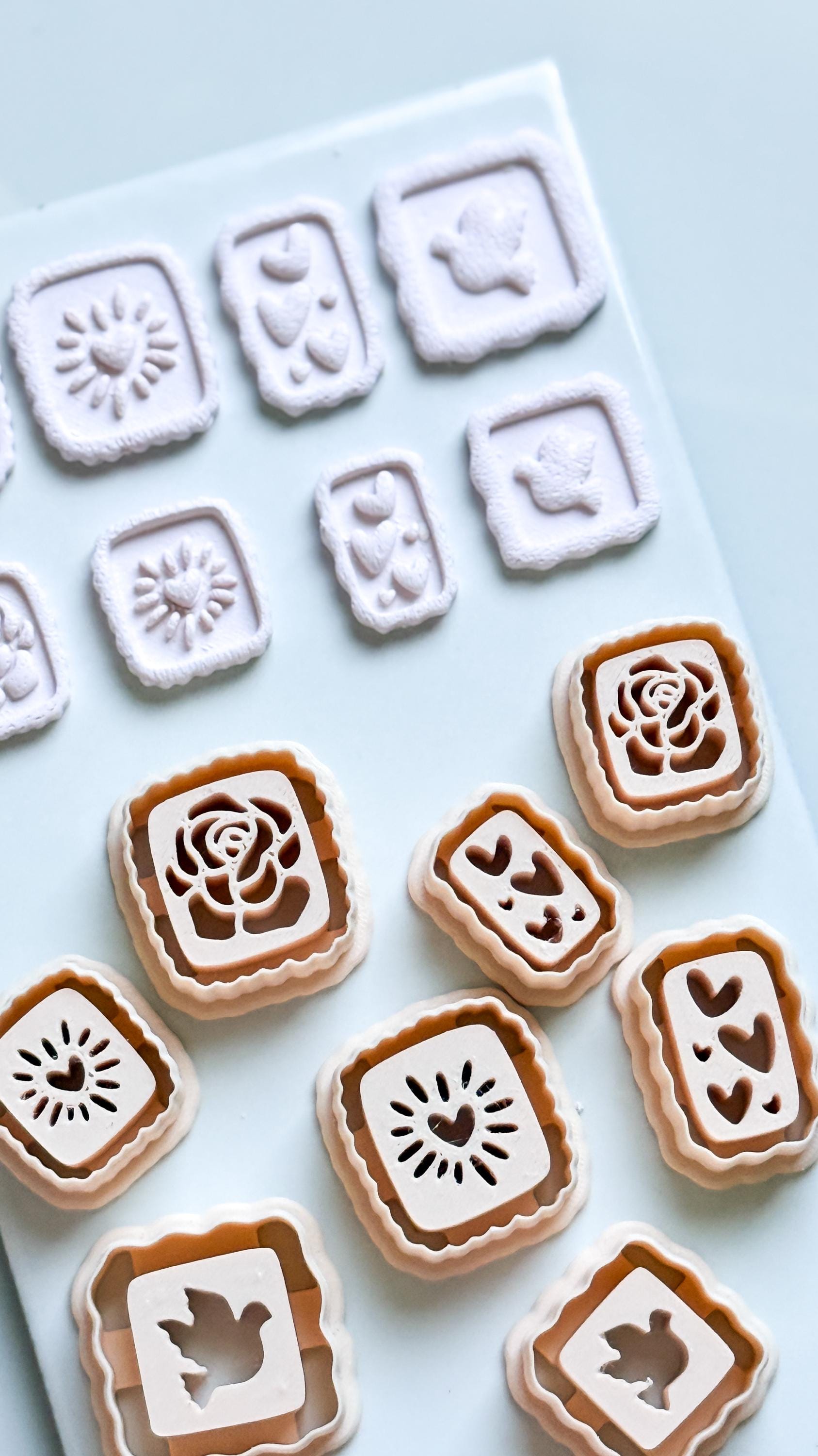 Rose, Heart & Bird Emboss Clay Cutters: Scalloped Rectangle Stamp Polymer Clay Tools