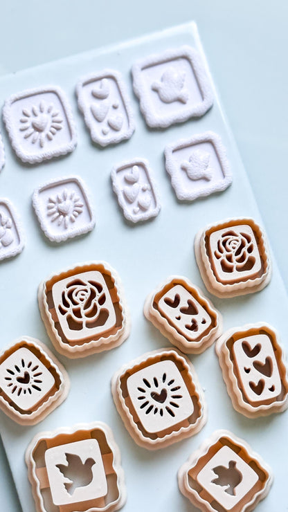 Rose, Heart & Bird Emboss Clay Cutters: Scalloped Rectangle Stamp Polymer Clay Tools