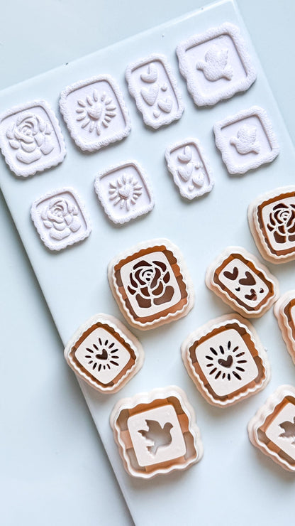 Rose, Heart & Bird Emboss Clay Cutters: Scalloped Rectangle Stamp Polymer Clay Tools