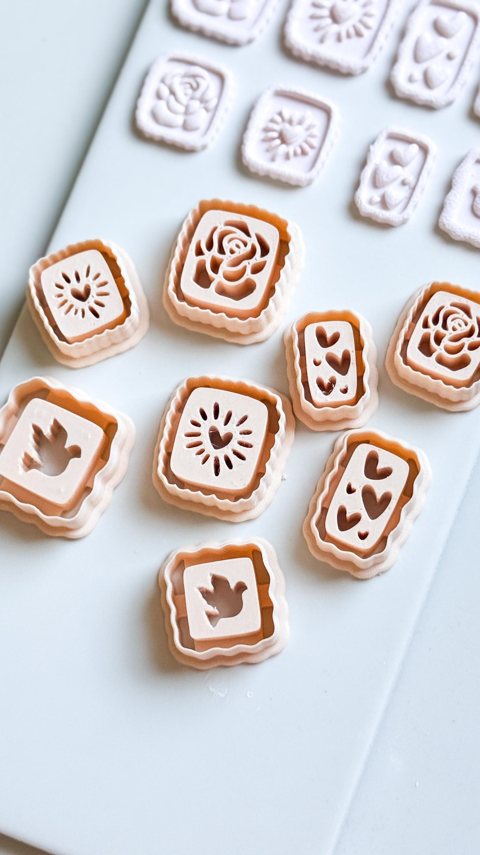 Rose, Heart & Bird Emboss Clay Cutters: Scalloped Rectangle Stamp Polymer Clay Tools