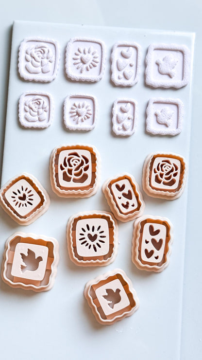 Rose, Heart & Bird Emboss Clay Cutters: Scalloped Rectangle Stamp Polymer Clay Tools