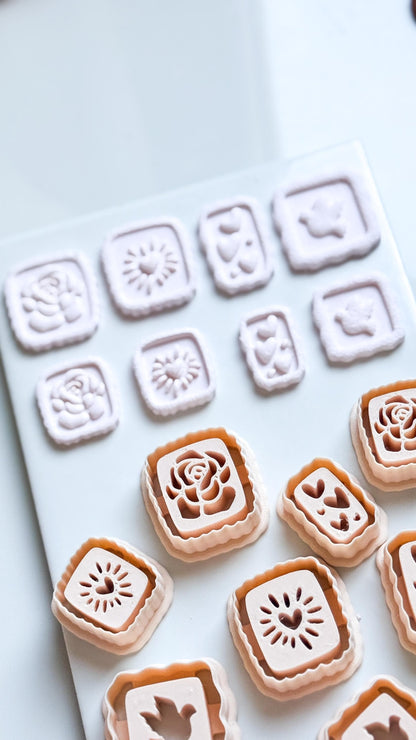 Rose, Heart & Bird Emboss Clay Cutters: Scalloped Rectangle Stamp Polymer Clay Tools