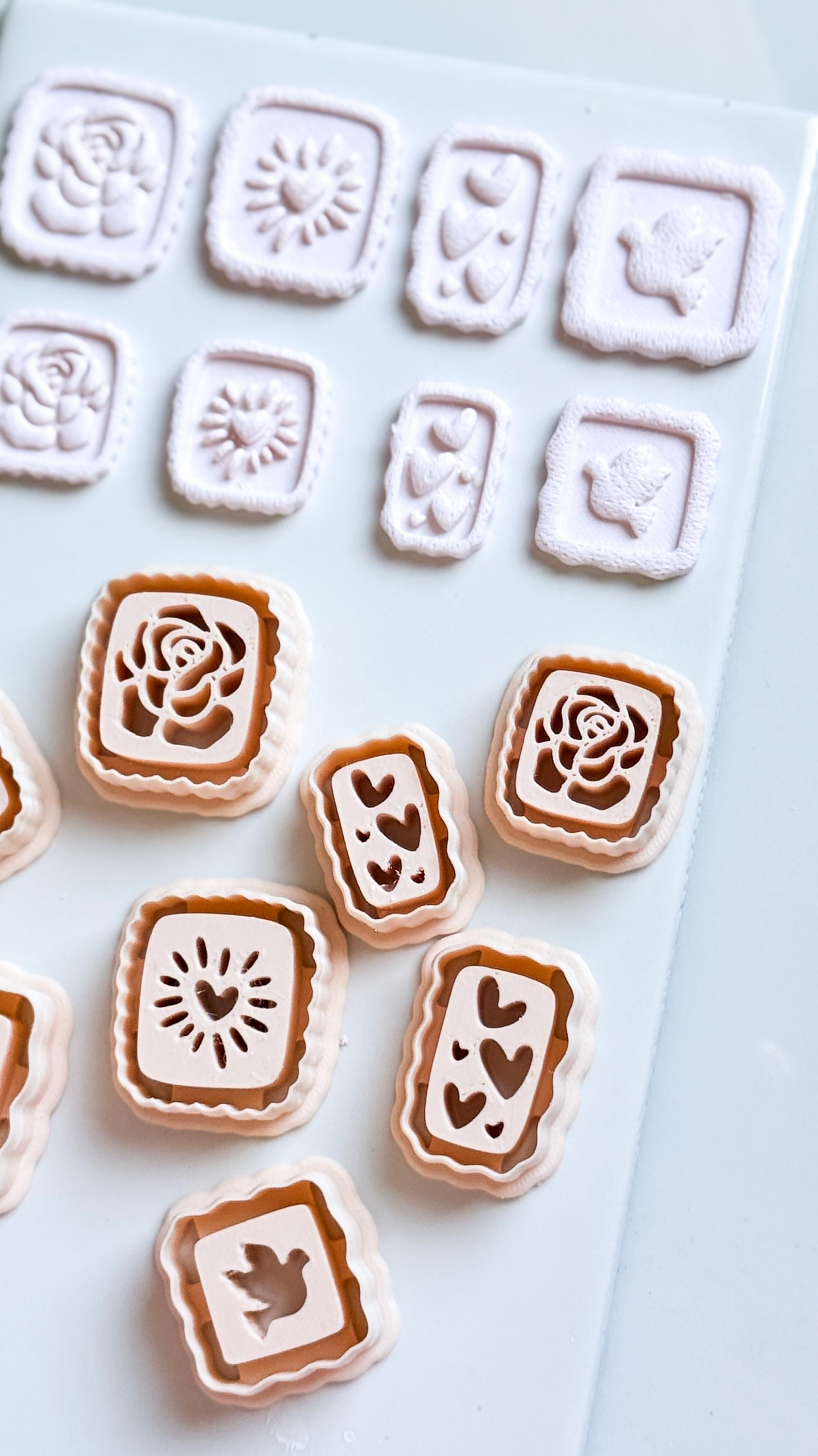 Rose, Heart & Bird Emboss Clay Cutters: Scalloped Rectangle Stamp Polymer Clay Tools