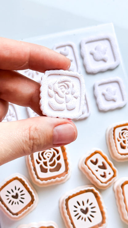 Rose, Heart & Bird Emboss Clay Cutters: Scalloped Rectangle Stamp Polymer Clay Tools